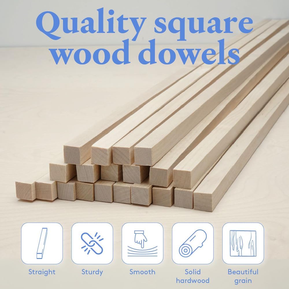 Wood Square Dowel Rods 3/16-inch x 48 Pack of 25 Wooden Craft Sticks for Crafts and Woodworking by Woodpeckers