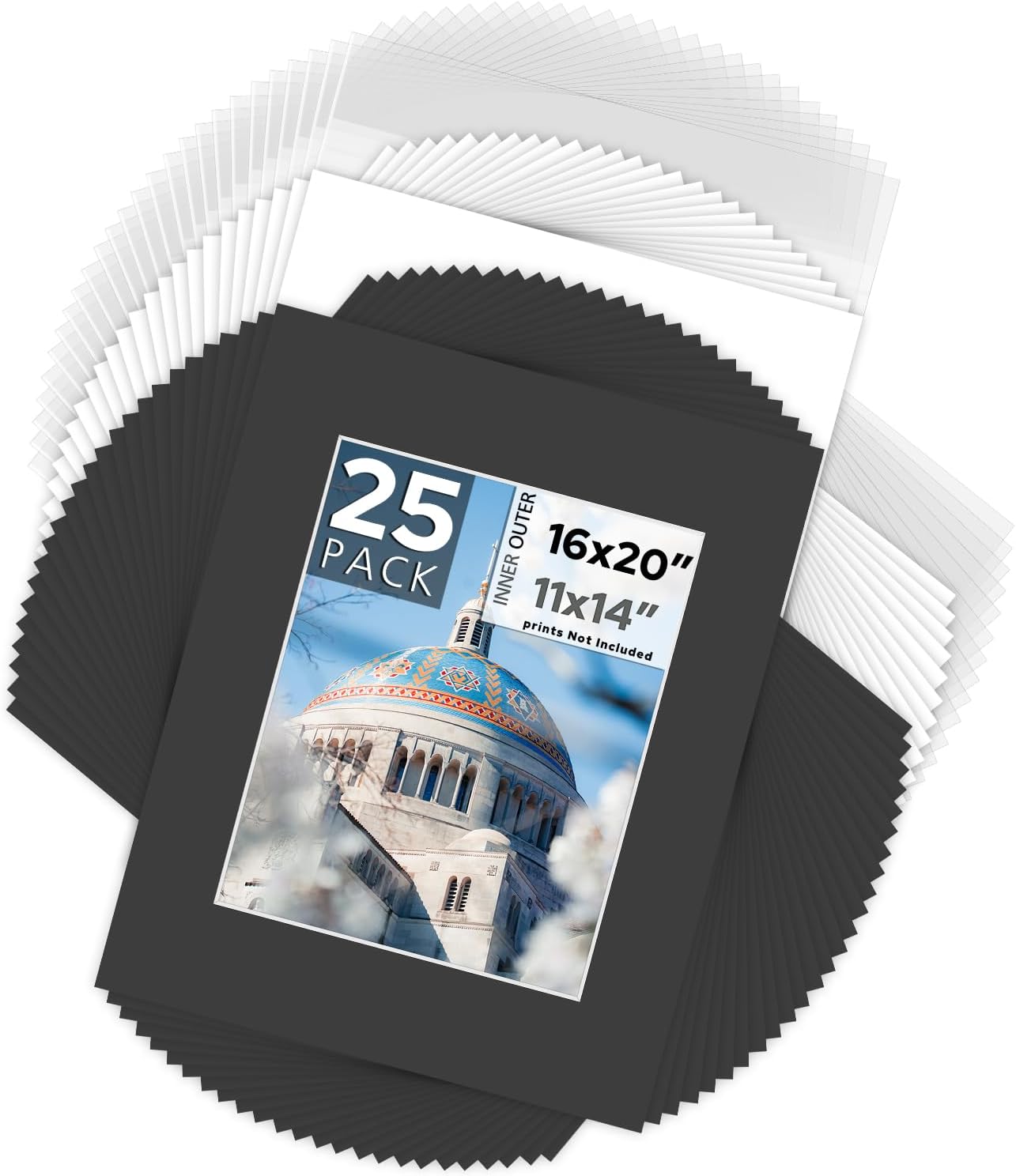 Mat Board Center, Pack of 25, 16x20 for 11x14 Black Picture Mat Sets - Acid Free, 4-ply Thickness, Bevel Pre-Cut White Core - Includes Backing Boards and Clear Bags - for Pictures, Photos, Framing