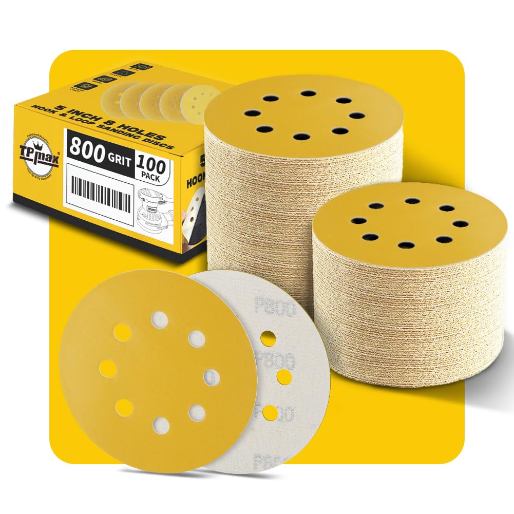 100PCS 5 Inch 800 Grit 125mm 8 Hole Sanding Discs Sandpaper - Premium Gold Round Hook and Loop for Random Orbital Sander - Ideal for Wood, Metal, Automotive