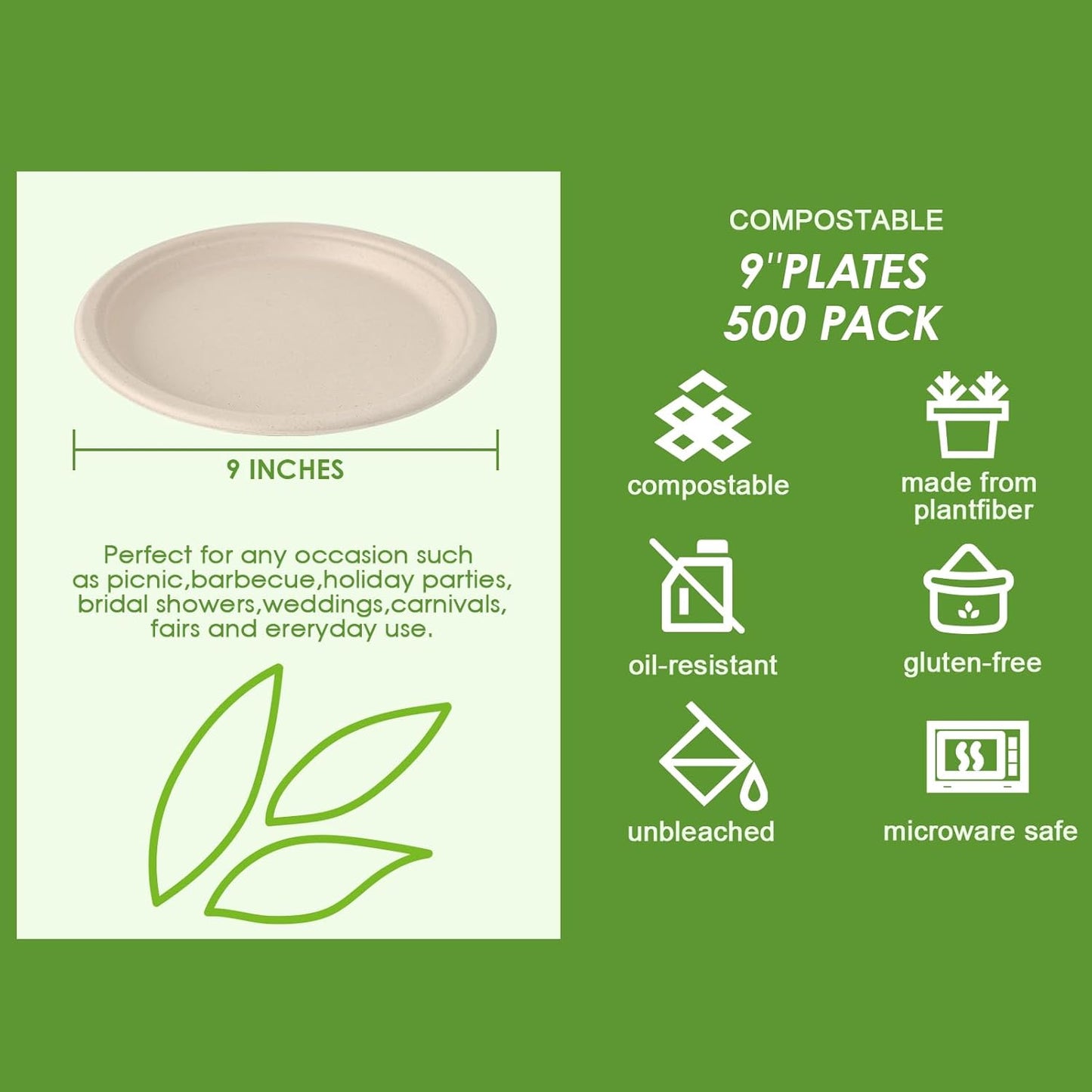 Vplus 500 Pack Paper Plates 9 inch 100% Compostable, Heavy-Duty Disposable Paper Plates Bagasse Natural Biodegradable Eco-Friendly Sugarcane（Nature）