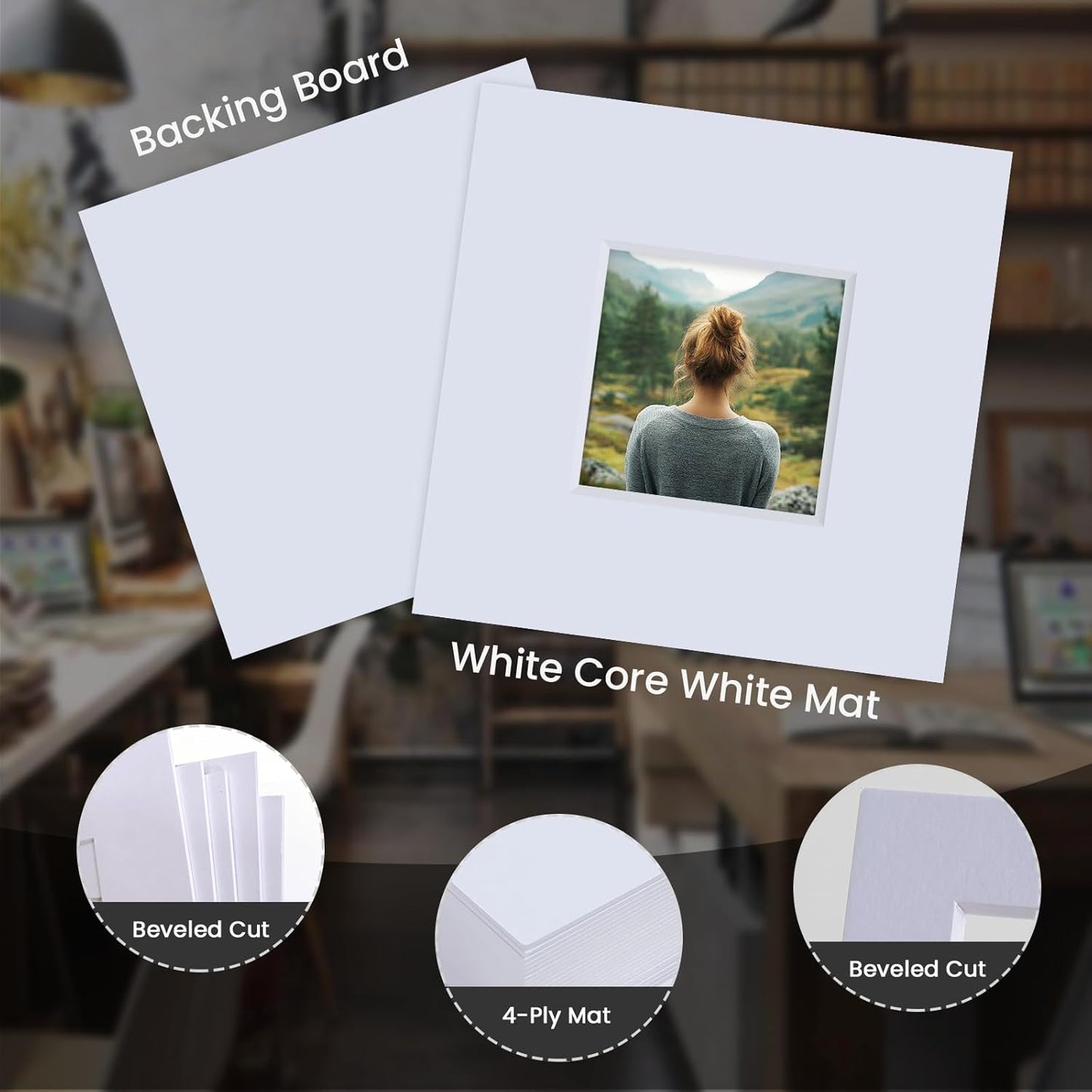 Falling in Art 5 Pack Acid Free 12x12'' White Picture Mats Board Show Kit for 8x8'' Photos, 4-Ply Beveled Pre-Cut Photo Mats with Backing Board for Frames, Artwork and Prints
