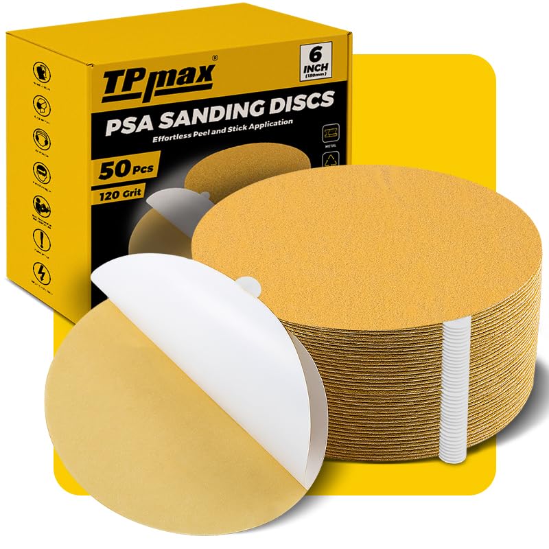 6-Inch 120-Grit Gold PSA Sanding Discs, 50 Pack – Pro-Grade Self-Adhesive Stickyback Sandpaper with Quick-Release Tabs for DA Sander, Medium-Coarse Automotive/Wood/Metal Sanding