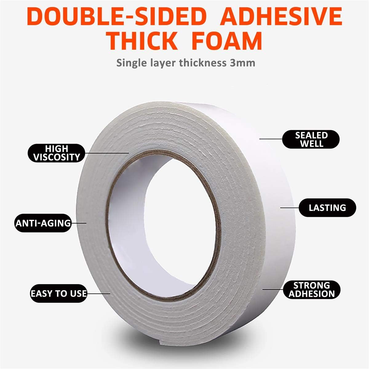 Double Sided Foam Tape 1.18In x 33FT 2 Pack, Mounting Tape Heavy Duty, Strong Adhesive Weatherproof Seal Strips for DIY Craft Picture Poster, Car & Gap Filling Mountings, Home Office Decor (White)