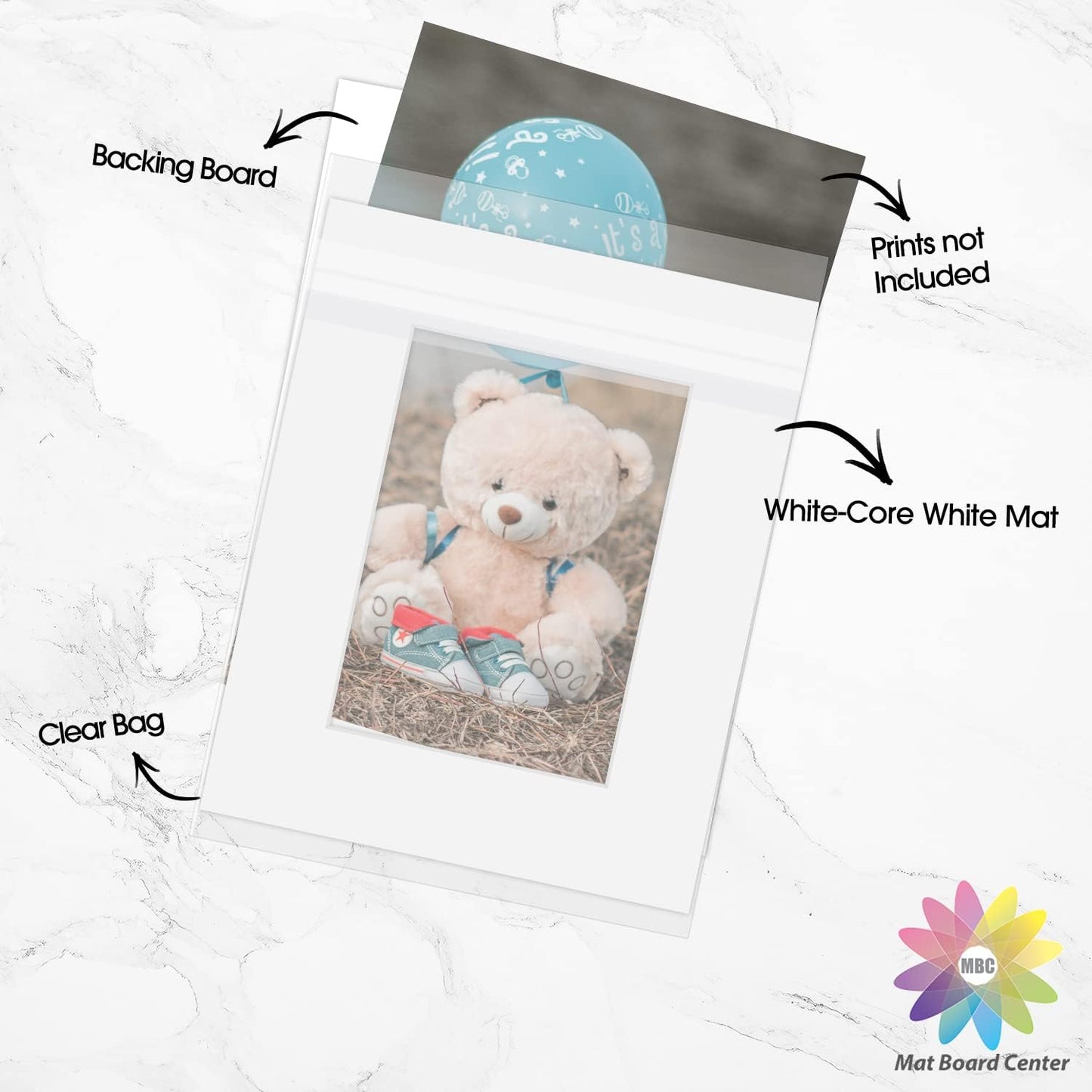Mat Board Center, Pack of 50, 8x10 for 5x7 White Picture Mat Sets - Acid Free, 4-ply Thickness, Bevel Pre-Cut White Core - Includes Backing Boards and Clear Bags - for Pictures, Photos, Framing