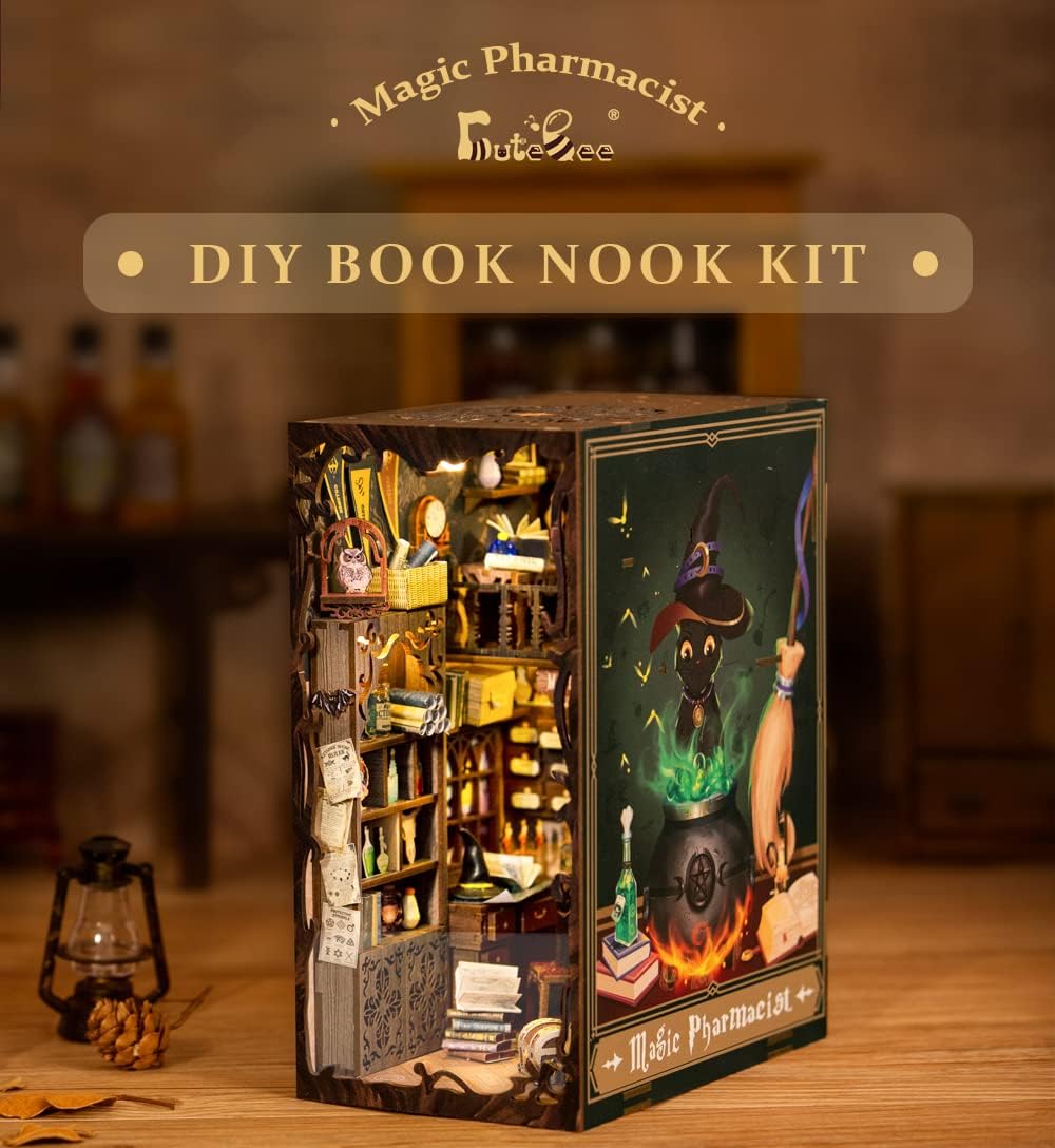 CUTEBEE Book Nook Kit - DIY Miniature House Dollhouse Kit for Adults and Teens, 3D Wooden Puzzle Booknook Build Bookshelf Decor, Gifts for Family and Friends (Magic Pharmacist)