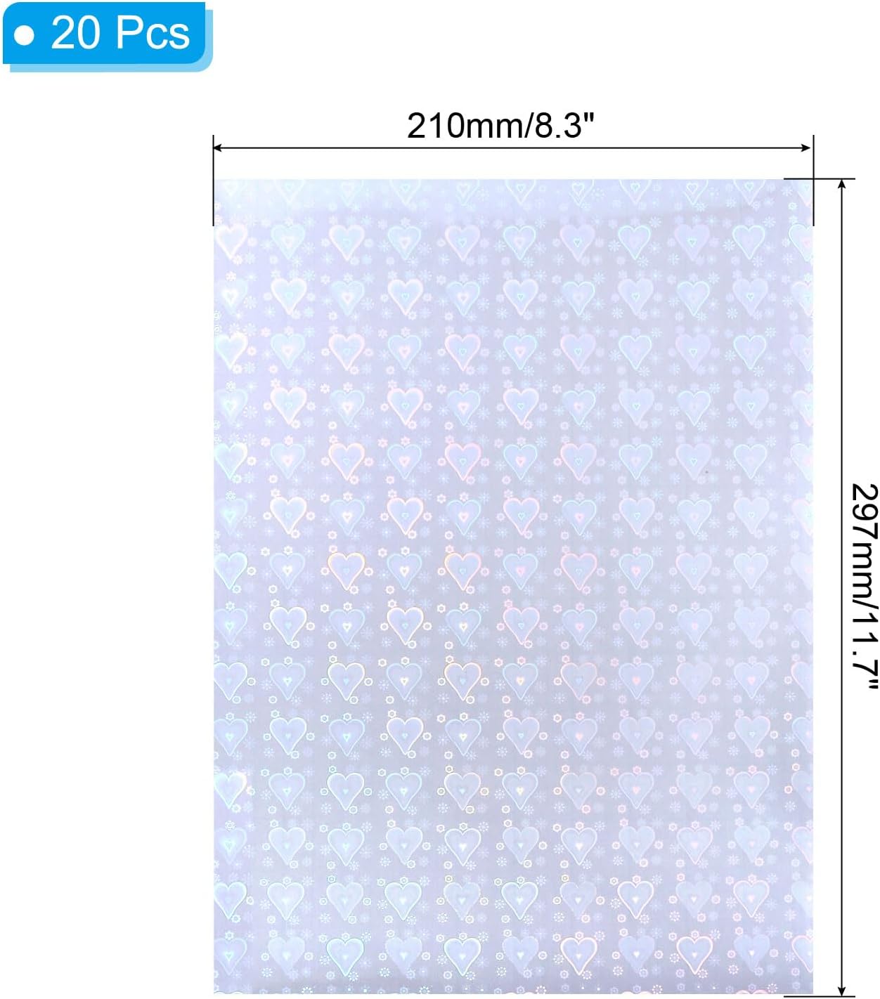 PATIKIL 11.7x8.3" Holographic Sticker Paper, 20Sheets A4 Polypropylene Self-Adhesive Transparent Waterproof Laminate Overlay Film for Photo Cards Scrapbook Decorations, Heart