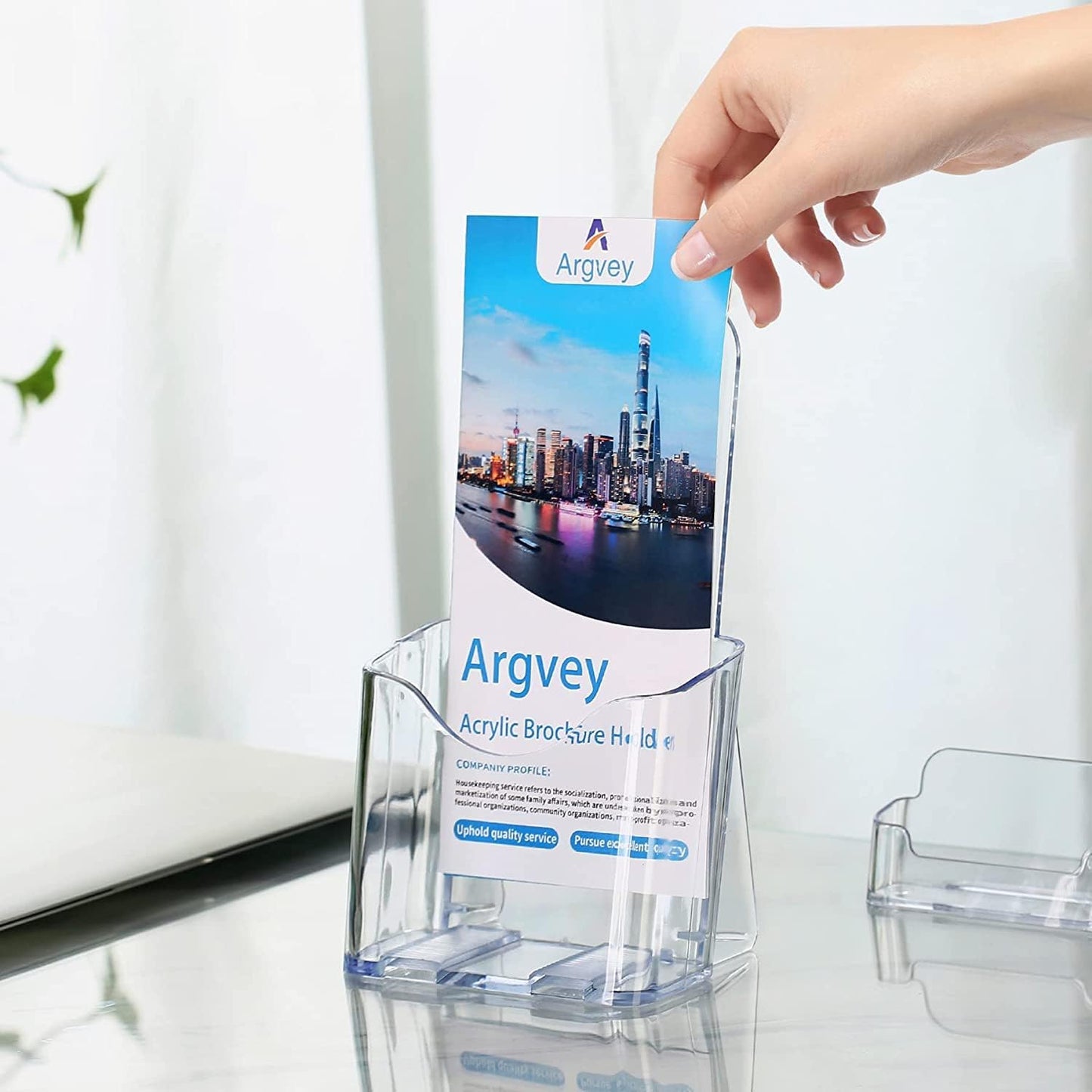 Acrylic Brochure Holder 4x9 Inch, Clear Pamphlet Holder Display Stand for Trifold 4 Inch Flyers, Booklets, Table Signs, Plastic Rack Card Holder for Office, Home, Store, 10 Pack