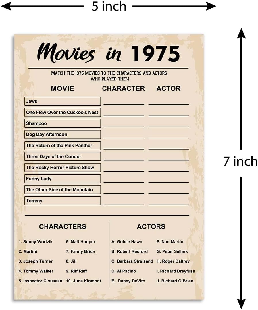 50th Birthday Party Games, Movie in 1975 Games, Birthday Party Supplies for Adults, Fun 1975s Party Game，Pack of 30 Cards