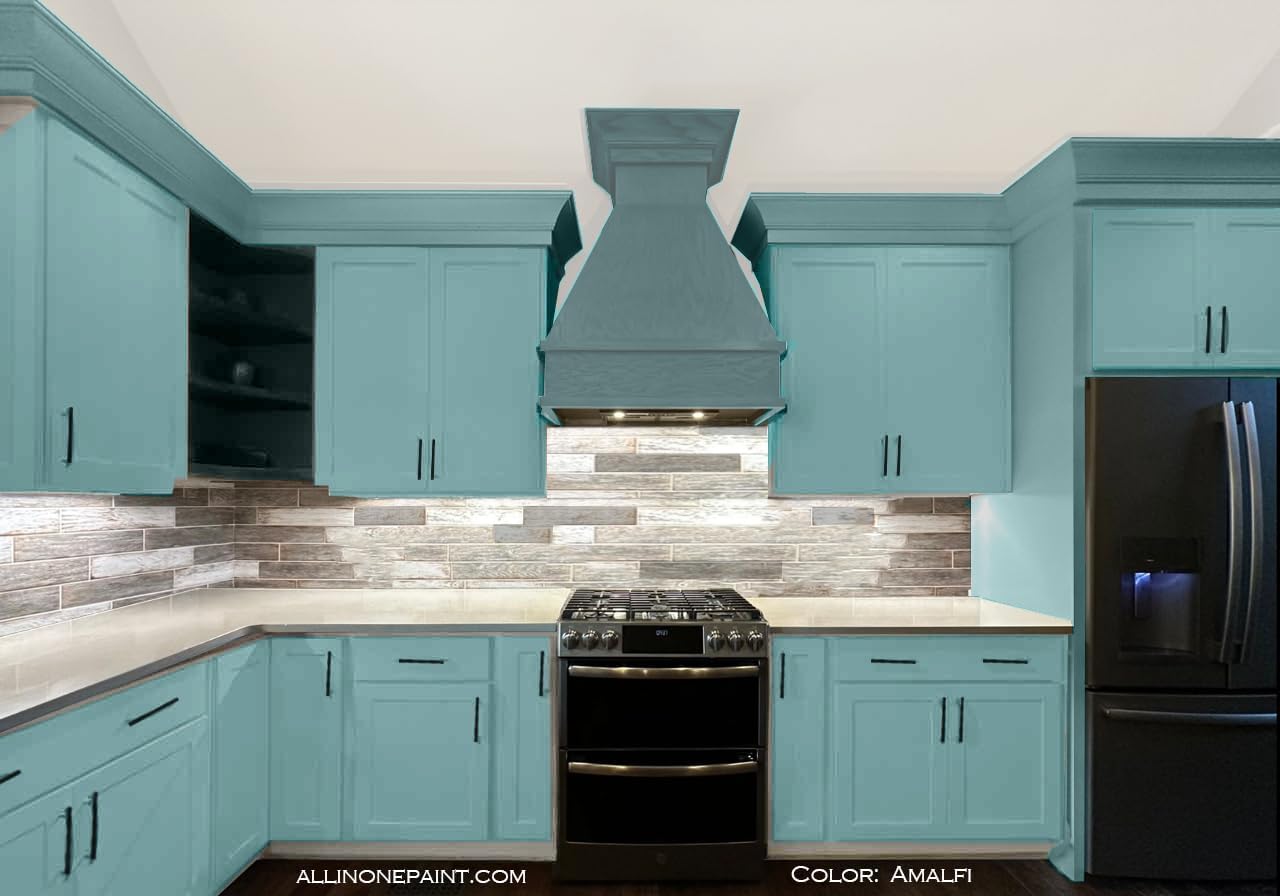 ALL-IN-ONE Paint, Durable cabinet and furniture paint. Built in primer and top coat, no sanding needed. Includes our 30 featured color card - Amalfi (blue aqua), 8oz Sample
