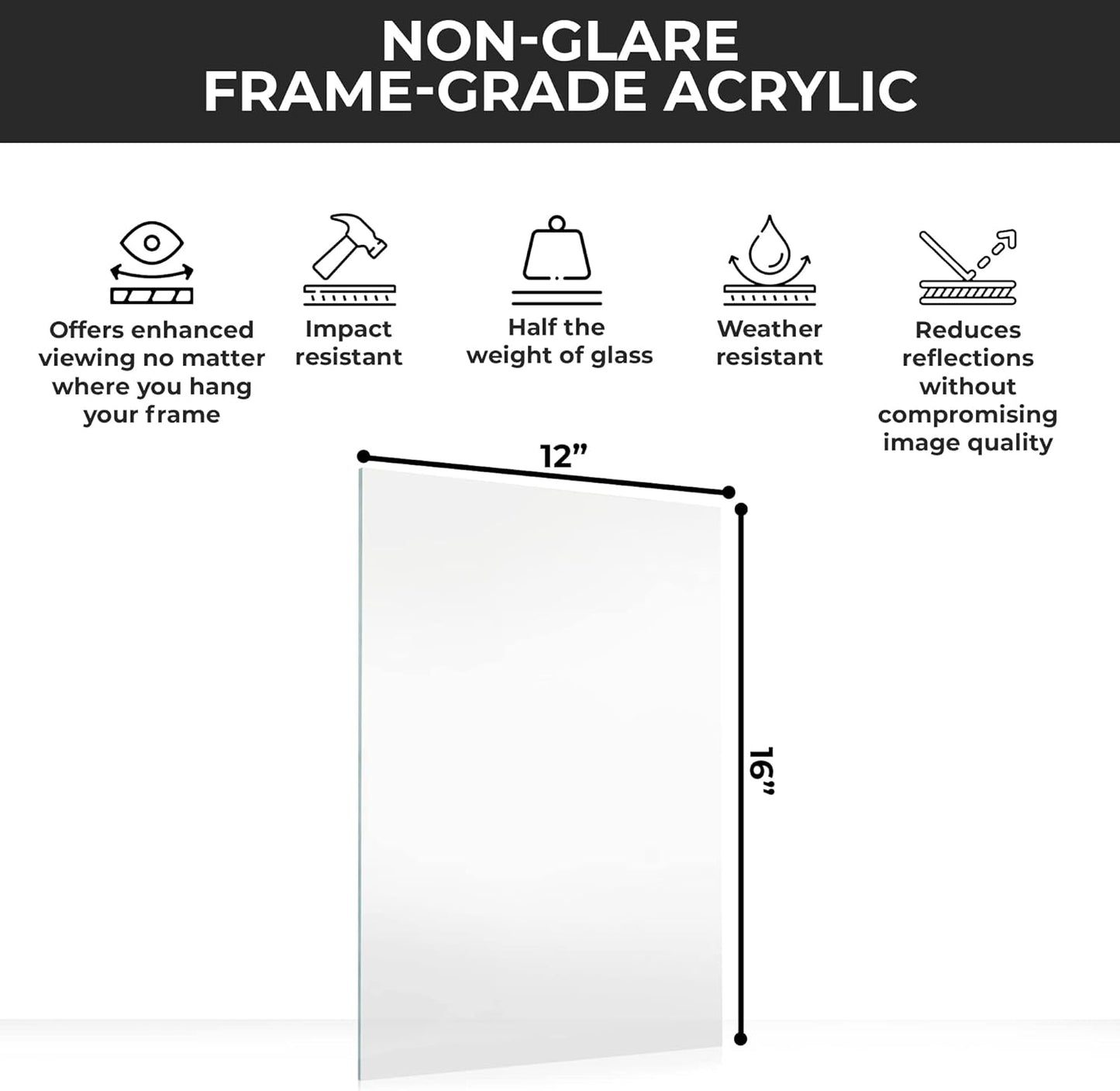 CountryArtHouse Non-Glare Acrylic Plexiglass Replacement for 12x16 Picture Frame, UV-Resistant Non-Glare