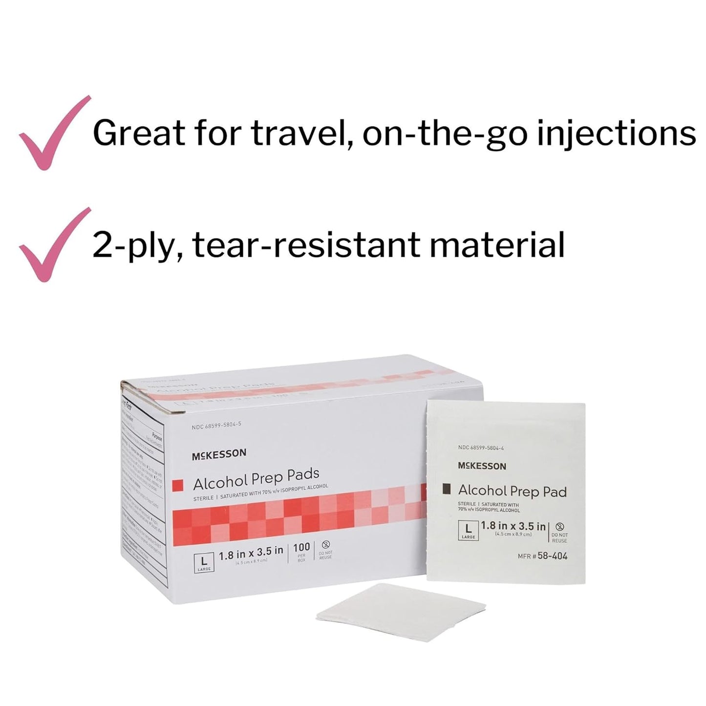 McKesson Alcohol Prep Pads [Pack of 100] 70% Isopropyl, Individually Wrapped Wipes, Sterile, Medical-Grade, First Aid, Large