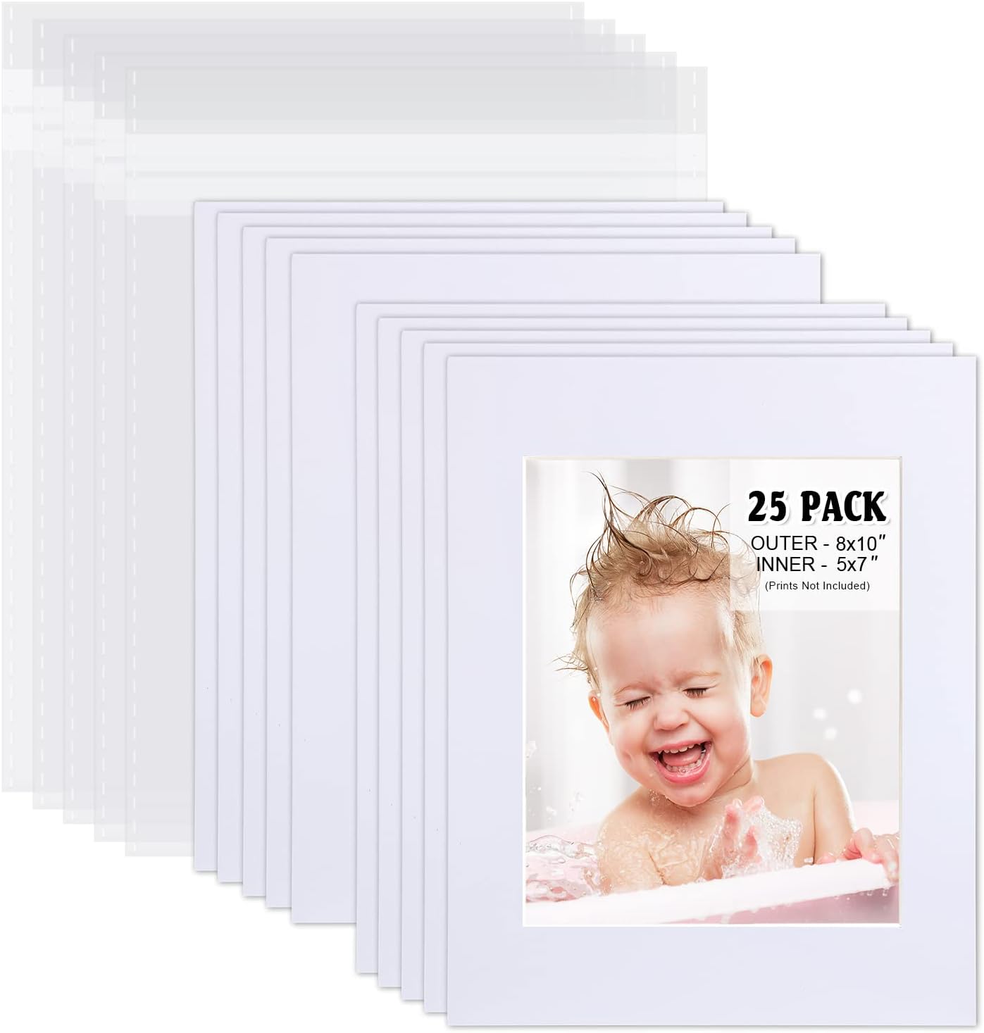Egofine Pack of 25 White Mat Board Pre-Cut 8x10 Picture Mat for 5x7 Photo with White Core Bevel Cut Mattes Sets. Includes 25 High Premier Acid Free Mats & 25 Backing Board & 25 Clear Bags