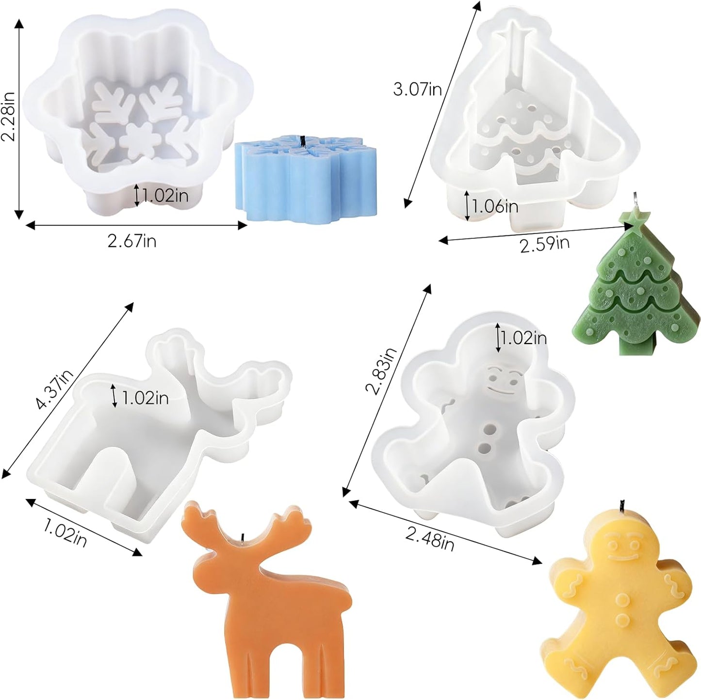 4 Pack Christmas Candle Molds, Moldes para Velas De Navidad Resin Christmas Silicone Molds for Candles, Wax Candle Making Molds for DIY Chocolate, Soap (Snowflake, Snowmen, Christmas Tree, Reindeer)