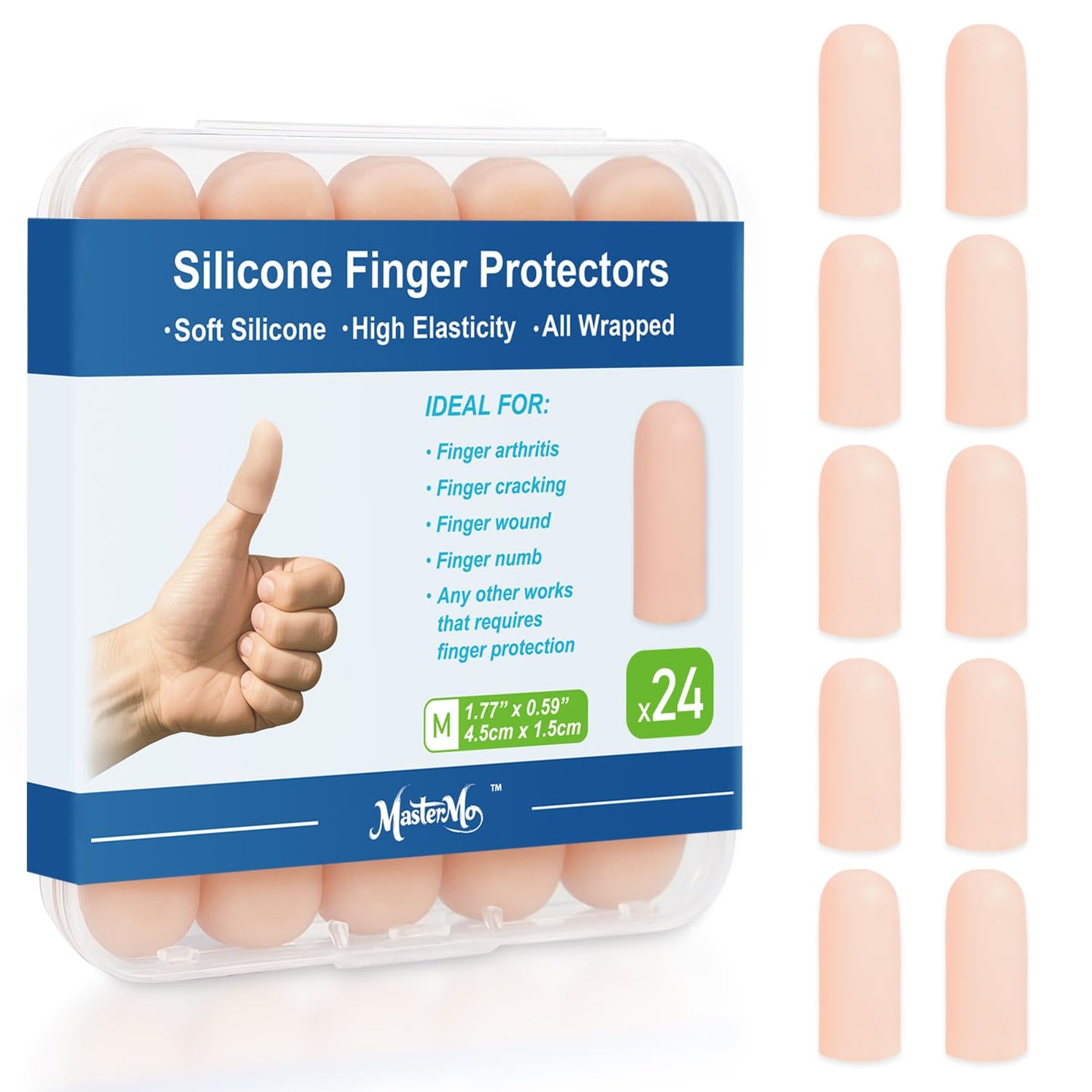 MasterMo Gel Finger Cots Protectors, Silicone Fingers Covers Bandages Caps Sleeves for Fingertip Thumb Protection, Ideal for Trigger, Arthritis, Cracking, Blisters, Callus, Hangnail & Pain Relief (Nude, M, 24PCS)