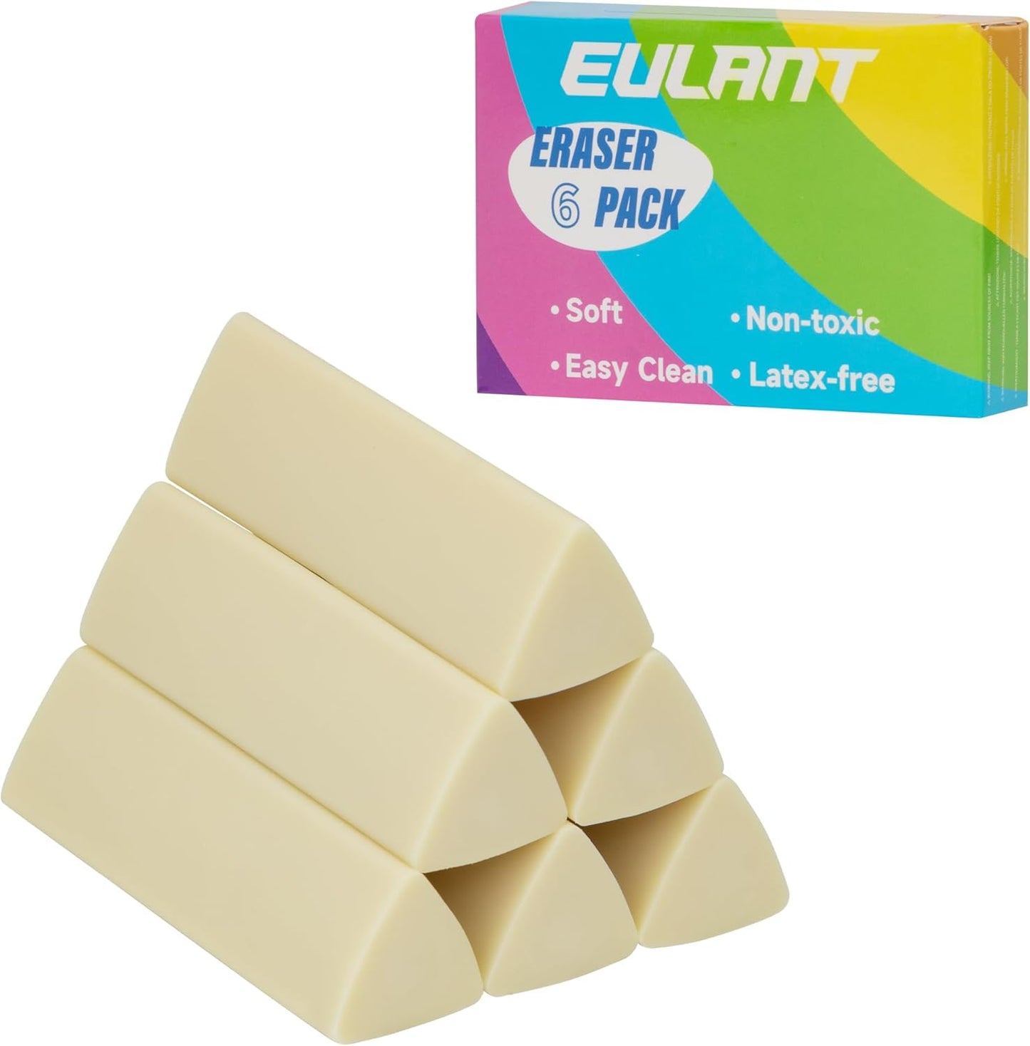 EULANT Pencil Erasers 6 Pieces, White 2B Rubbers Erasers for Schools Office Kids Adults, Soft Art Erasers for Writing Drawing Student Teachers