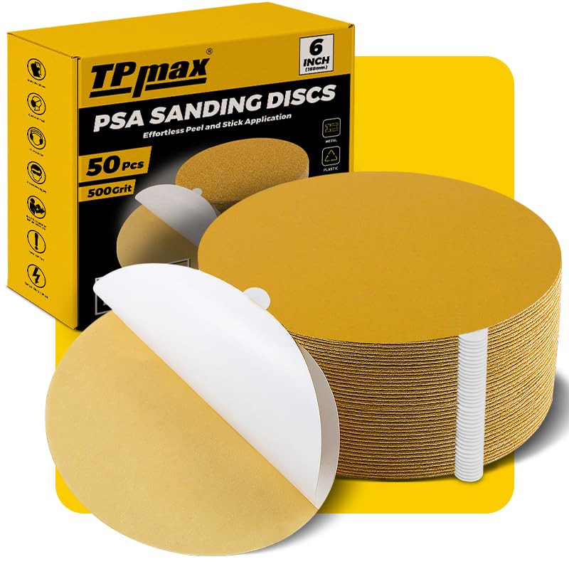 6-Inch 500-Grit Gold PSA Sanding Discs, 50 Pack – Pro-Grade Self-Adhesive Stickyback Sandpaper with Quick-Release Tabs for DA Sander, Polishing-Grade Automotive/Wood/Metal Sanding