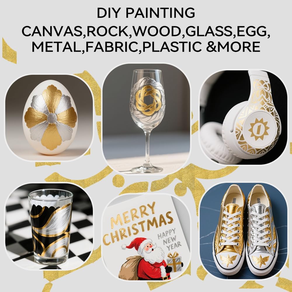 TRANSON 2 Gold, 2 Silver, 2 Black and 2 White Paint Markers Brush and Bold Dual-tip Acrylic Paint Marker Set for Rock Painting Glass Canvas Wood Leather Ceramic Painting