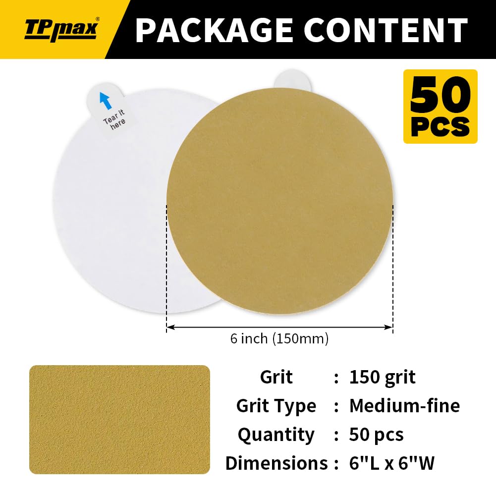 6-Inch 150-Grit Gold PSA Sanding Discs, 50 Pack – Pro-Grade Self-Adhesive Stickyback Sandpaper with Quick-Release Tabs for DA Sander, Medium-Fine Automotive/Wood/Metal Sanding