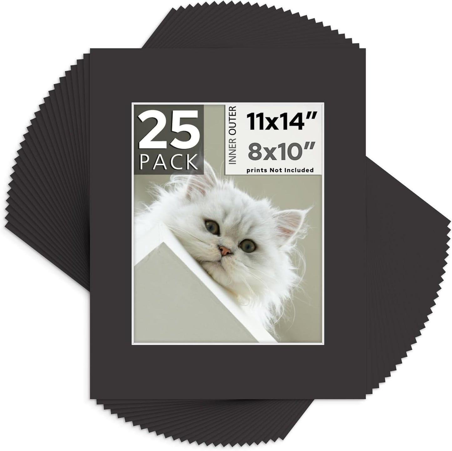 Mat Board Center, Pack of 25, 11x14 for 8x10 Black Mats - Acid Free, 4-ply Thickness, White Core - for Pictures, Photos, Framing