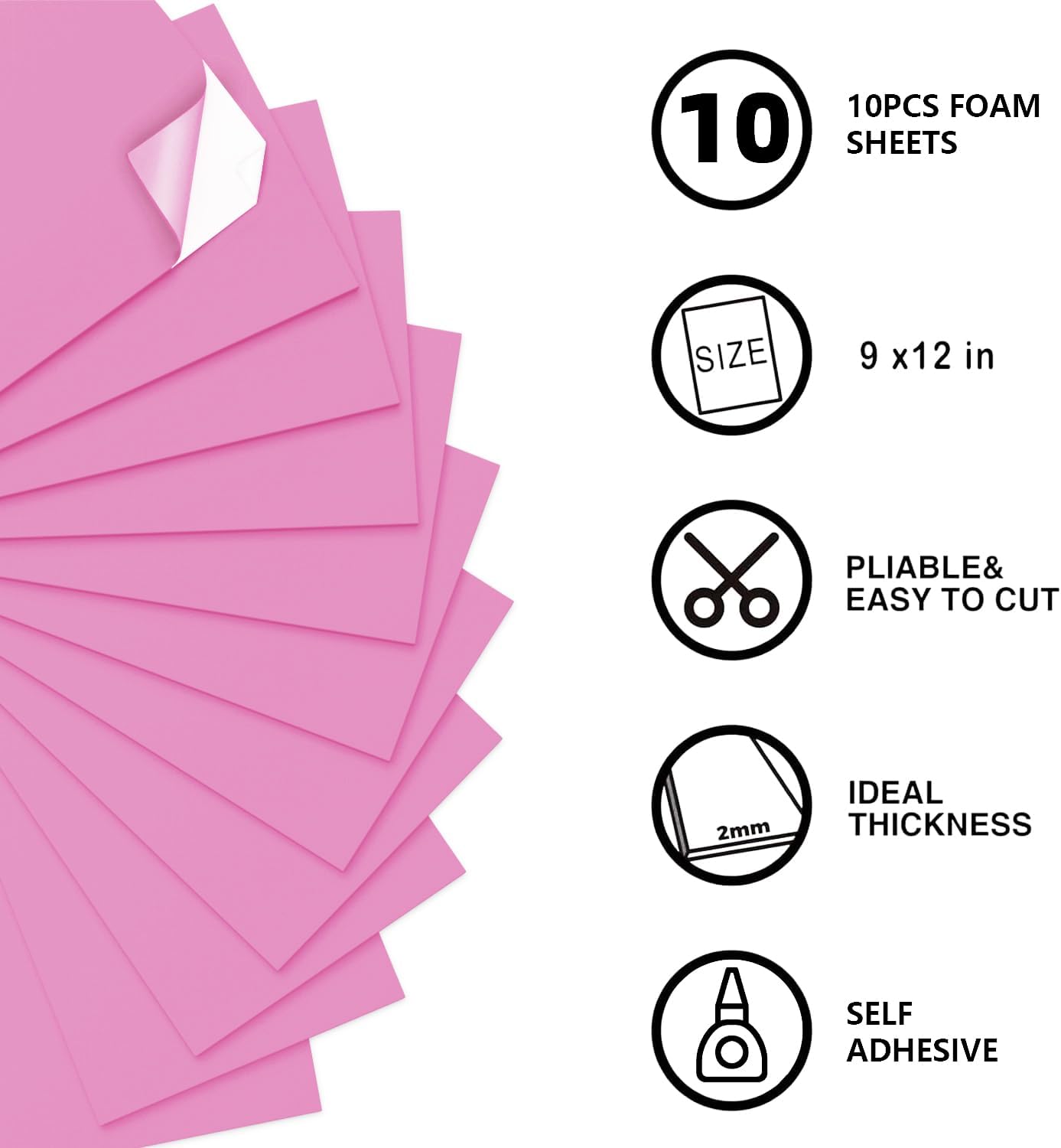 MEARCOOH Self Adhesive Foam Sheets, Pink 9x12 Inch 2mm Sticky Eva Foam Paper for Crafts Cardmaking Photo Frames Classroom Scrapbooking Christmas Crafts (Pink 10 Sheets)