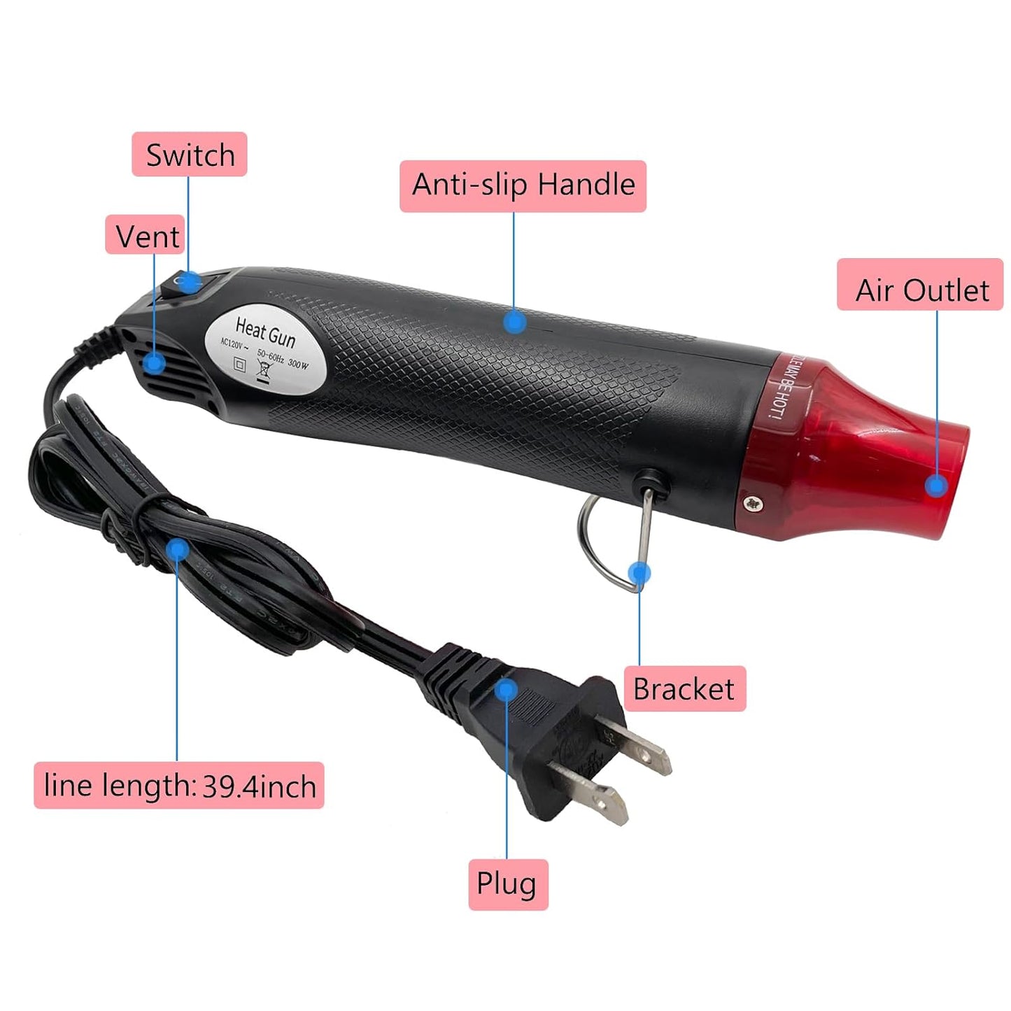 Mini Heat Gun, Portable Hot Air Gun Tool for DIY Crafts Heat Shrink Gun for Epoxy Resin, Embossing, Shrinking Wrapping Drying Paint Removing Stickers (Black)