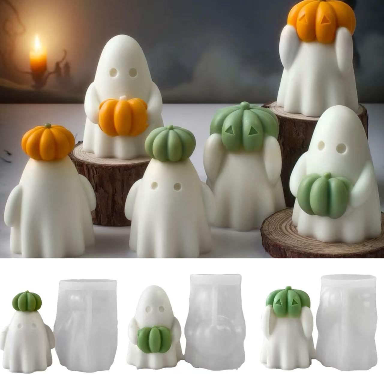3 Pcs Ghost Holding Pumpkin Resin Mold, Halloween Candle Making Molds Fun Kit Cute Ghost and Pumpkin Epoxy Resin Molds Silicone DIY Craft