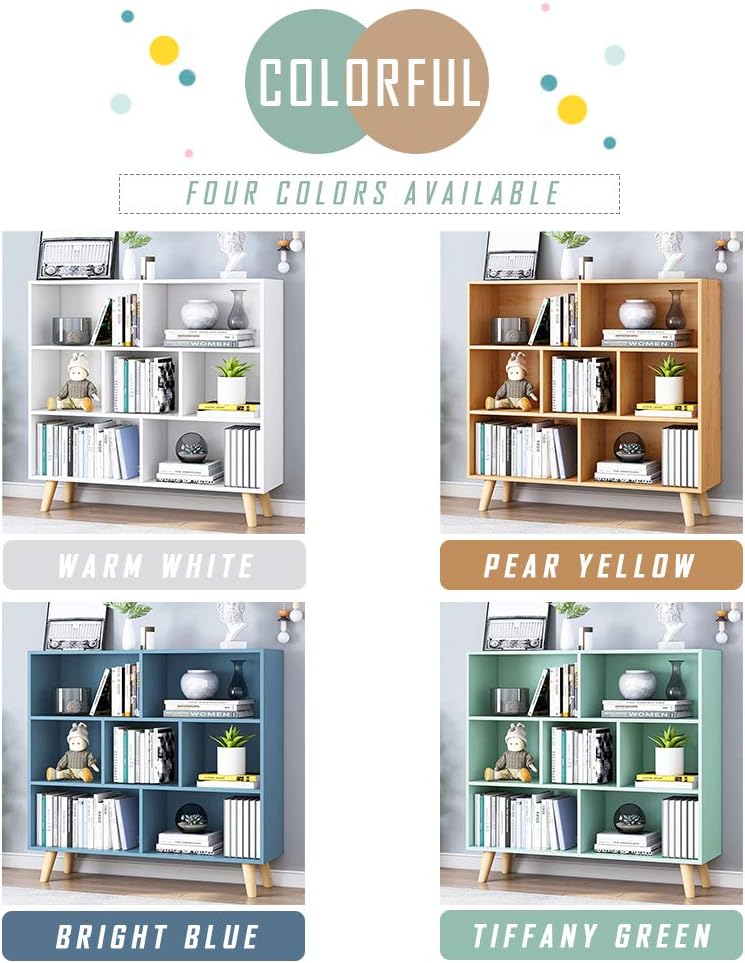 IOTXY Wooden Open Shelf Bookcase - 3-Tier Floor Standing Display Cabinet Rack with Legs, 7 Cubes Bookshelf, Tiffany-Green