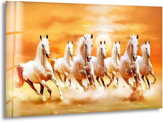 My Photostation.com 35.5Wx30H'' White Horses Running on Sunset Glass Wall ArtTempered Glass Printing Wall Decor Large Wall Art Wall Hangings