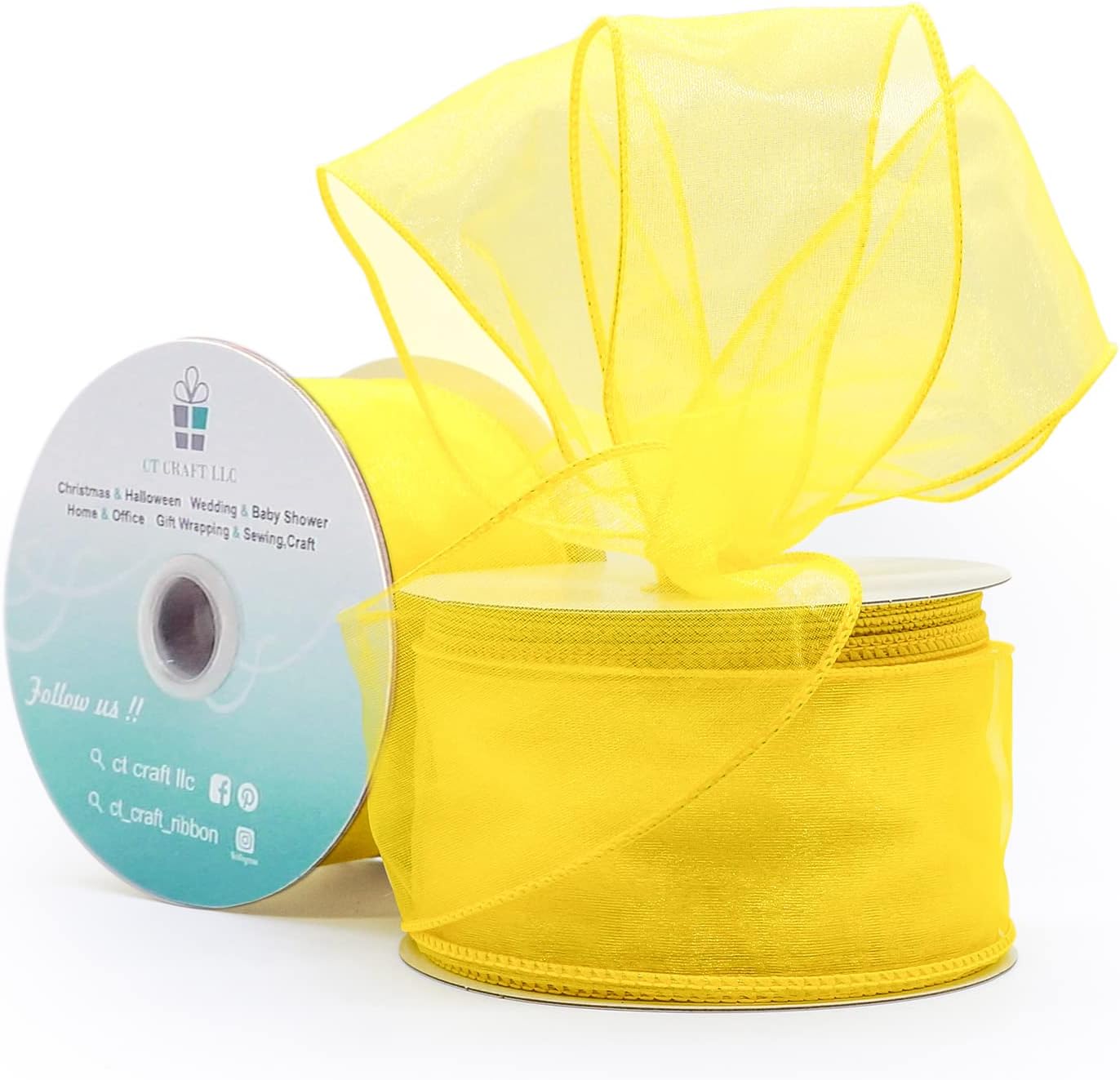 CT CRAFT LLC Sheer Organza Wired Ribbon 2.5" x 25 Yards x 2 Rolls Yellow for Wedding Chair Bow Flora Bouquet Gift Wrapping Christmas Tree Home Decor Wreath