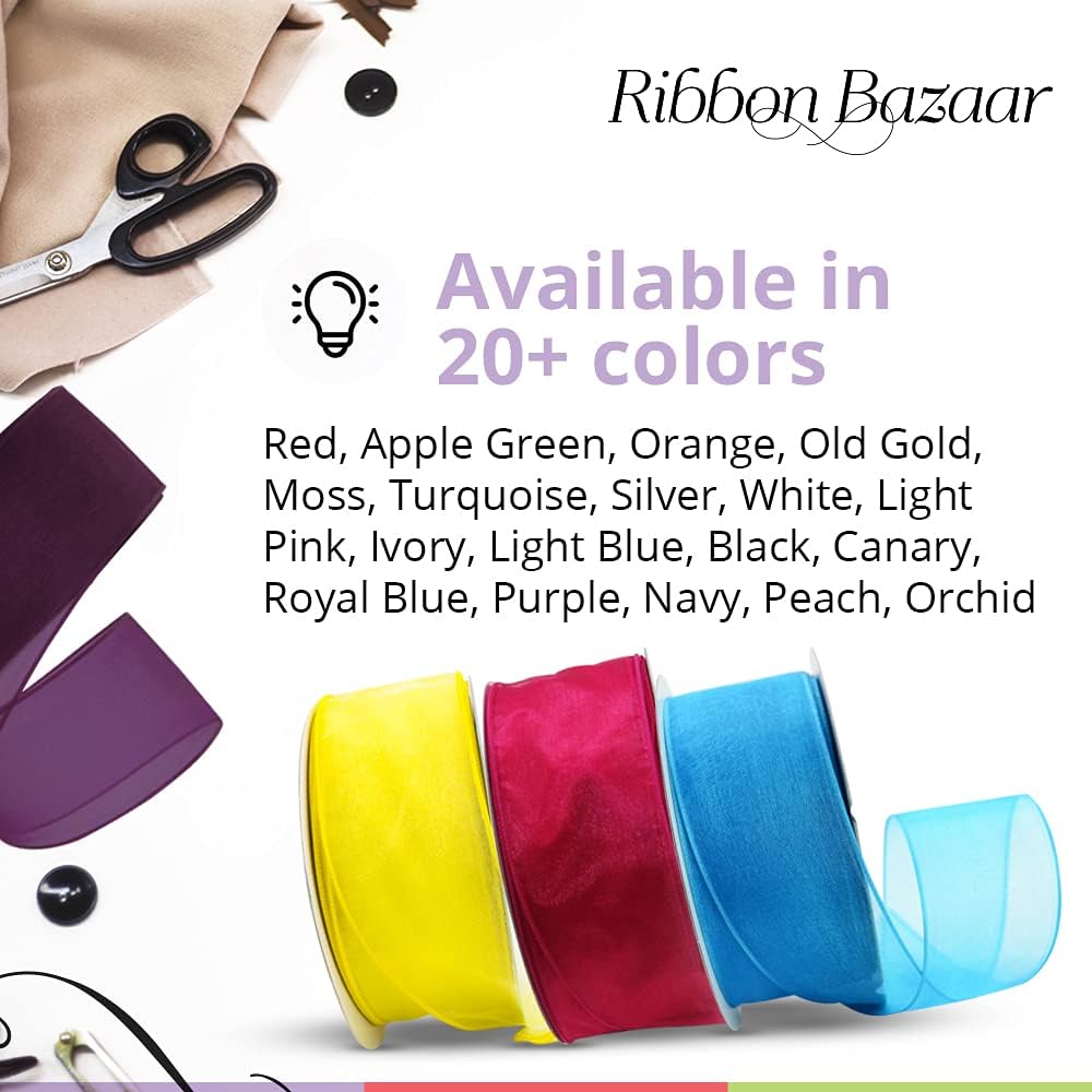 Ribbon Bazaar Sheer Organza Wired Ribbon - 100% Polyester Wire Edged Ribbon for Floral Decor, Table Arrangements, Apparel Embellishment & More - 1-1/2" Purple 25yd