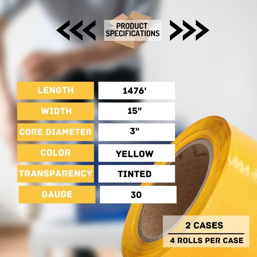 PSBM Yellow Stretch Wrap, 15 Inch x 1476 Feet, 8 Pack, Tinted Pre-Stretched Shrink Wrap Film for Moving, Packaging, Pallet Wrapping