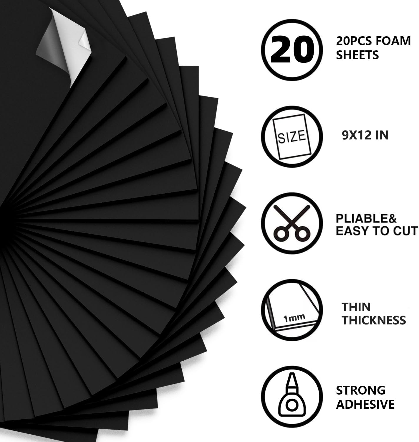 MEARCOOH Self Adhesive Foam Sheets Black, 1mm Sticky Eva Foam Paper 9x12 Inch for Crafts(20PACK)