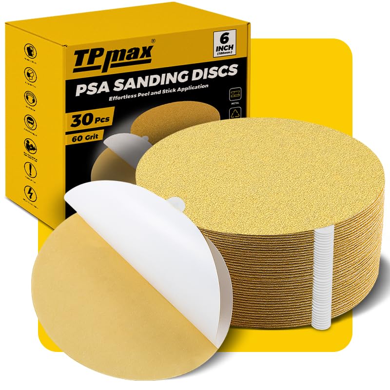 6-Inch 60-Grit Gold PSA Sanding Discs, 30 Pack – Pro-Grade Self-Adhesive Stickyback Sandpaper with Quick-Release Tabs for DA Sander, Coarse Automotive/Wood/Metal Sanding