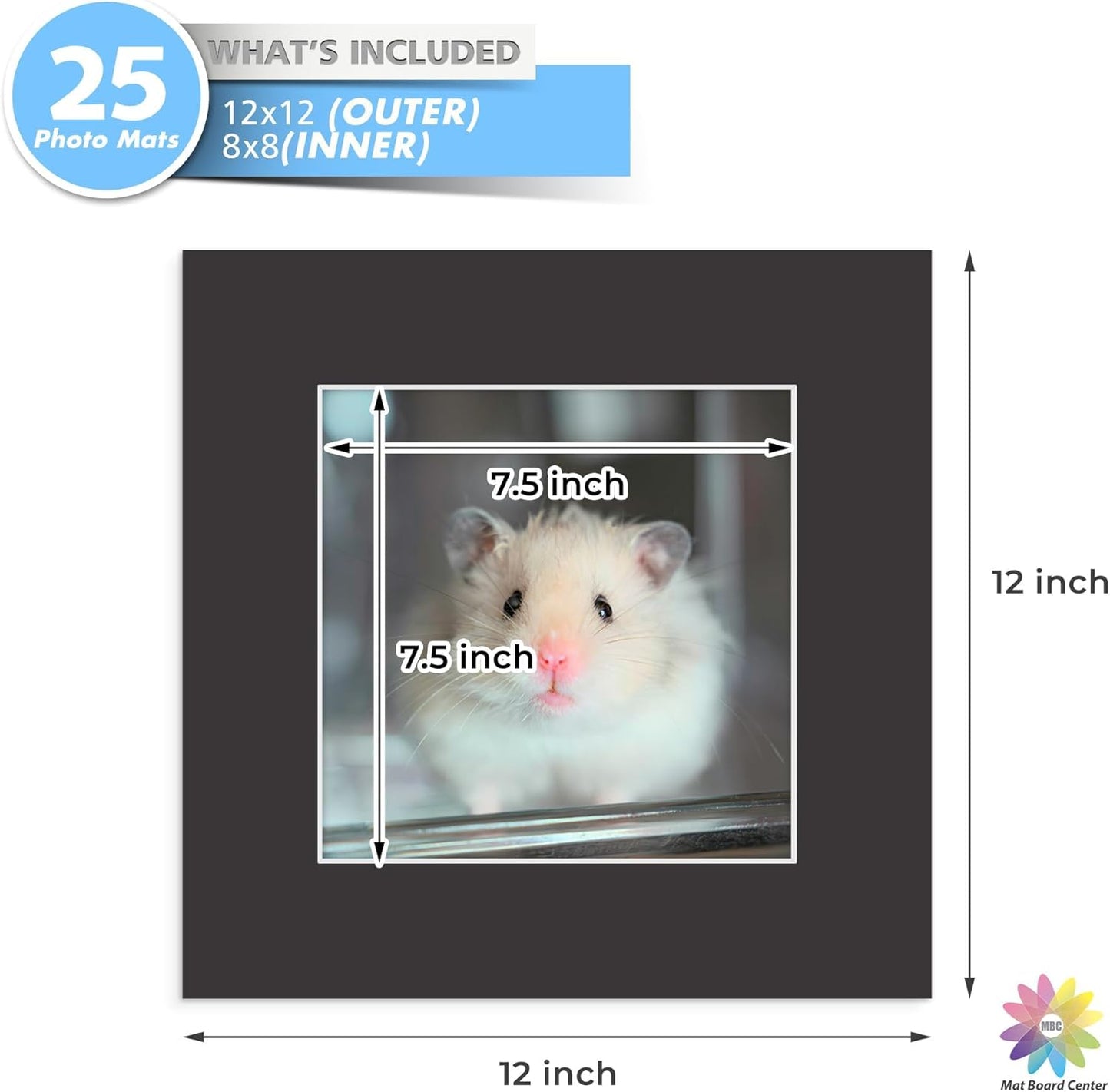 Mat Board Center, Pack of 25, 12x12 for 8x8 Black Mats - Acid Free, 4-ply Thickness, White Core - for Pictures, Photos, Framing