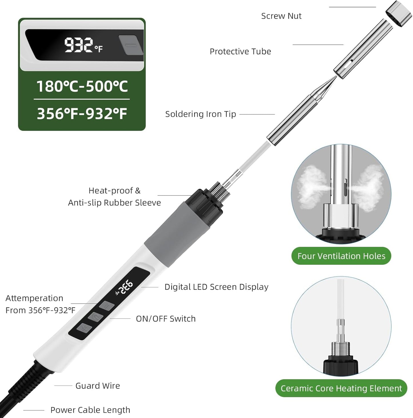 Soldering Iron Kit, 190W Soldering Gun, 110V LED Solder Kit for Electronics, Adjustable Temperature 356-932℉, Includes Solder Wire, Sucker, Tips, Stand, Tweezers, Paste and Solid Wood Box, White