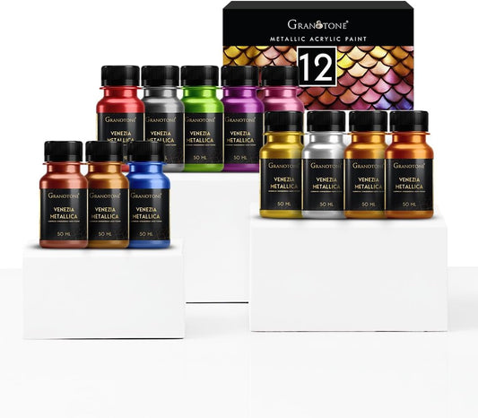 GRANOTONE Acrylic Venezia Metallic Colour | 12 Metallic Shades | 50 ml | Extra Sheen | Non Fading | Indoor/Outdoor | Non Toxic | Multi-Surface | Pro Artist, Hobby Painters & Kid | Made In India