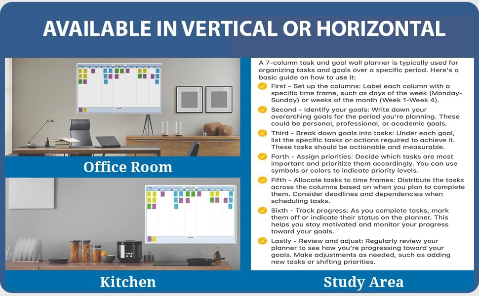 Sky Blue 7-Column Task, Goals & Objective Wall Horizontal Organizer 32" x 48". Complete with Marker