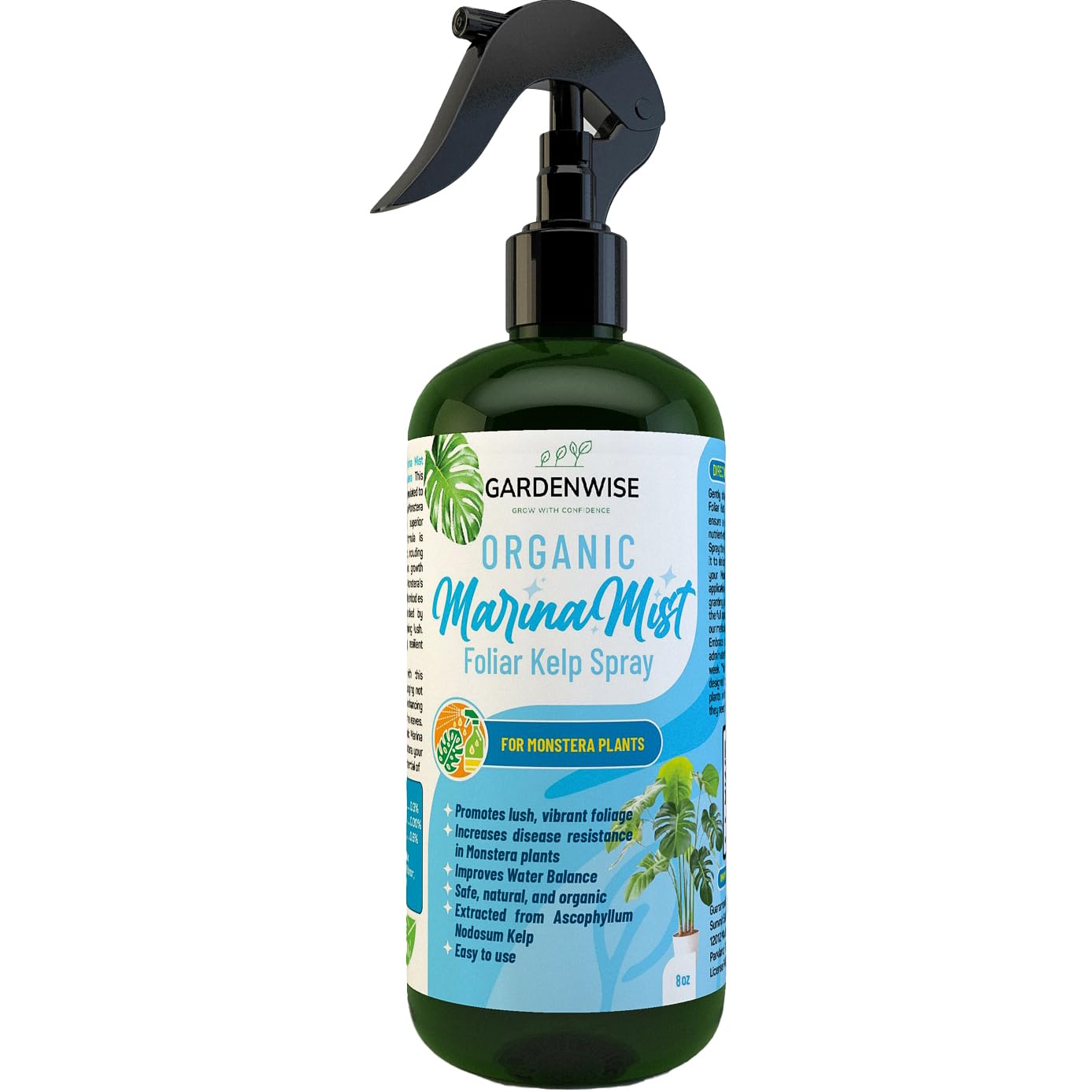 Organic Marina Mist Foliar Spray for Monstera, Philodendron, Elephant’s Ear and Other Tropical Houseplant | Liquid Fertilizer | Micro Nutrients for Vital Health | Liquid Plant Food (8 OZ)