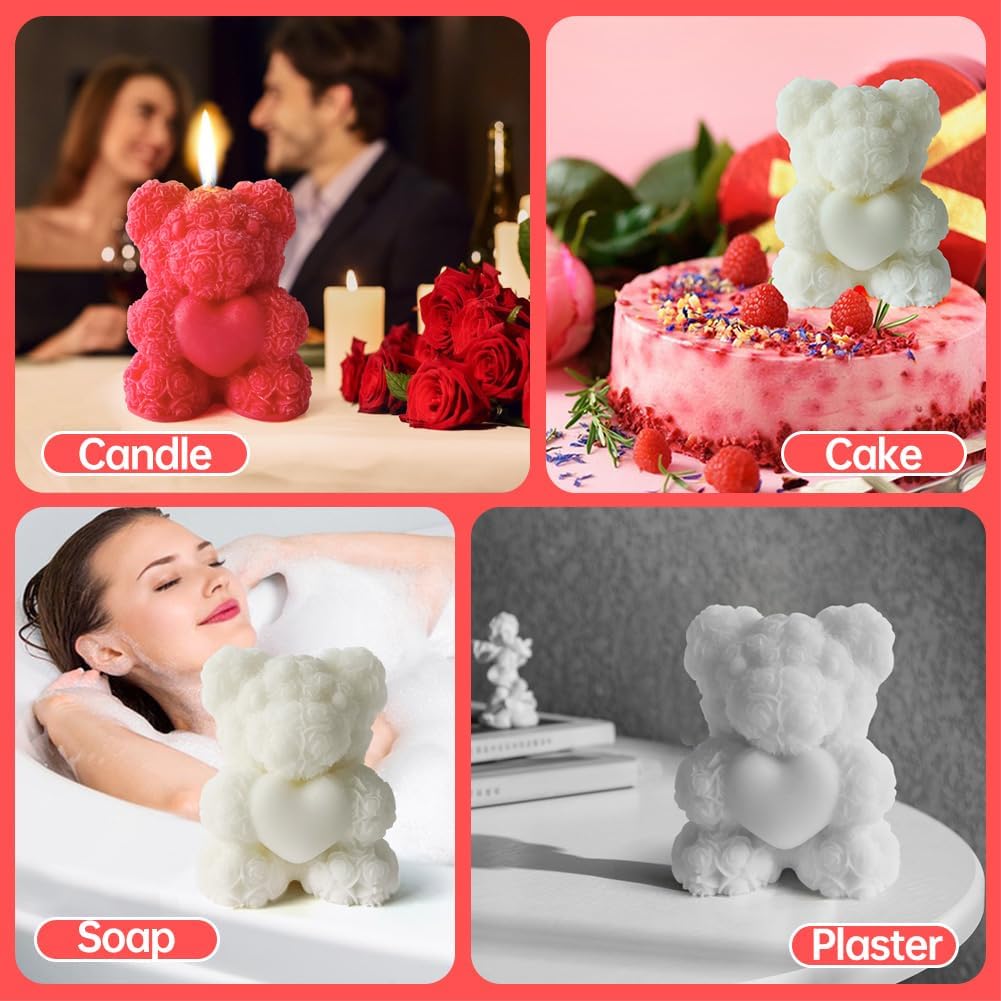 Rose Bear Candle Mold,Teddy Bear Silicone Molds for Candle Making,Epoxy Resin Bears Molds for DIY Handmade Soaps, DIY Candle, Mother's Day Gifts, Birthday Gifts, Home Decor Crafts (Mini)