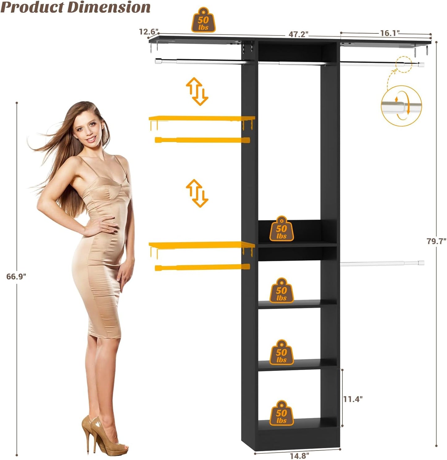 48" Small Closet Organizer, 4FT Small Closet System with 4 Closet Rods & 3 Shelves, 80"H Small Closet Organizers and Storage for Small Bedooms, Cloakrooms, Laundry Rooms, Black