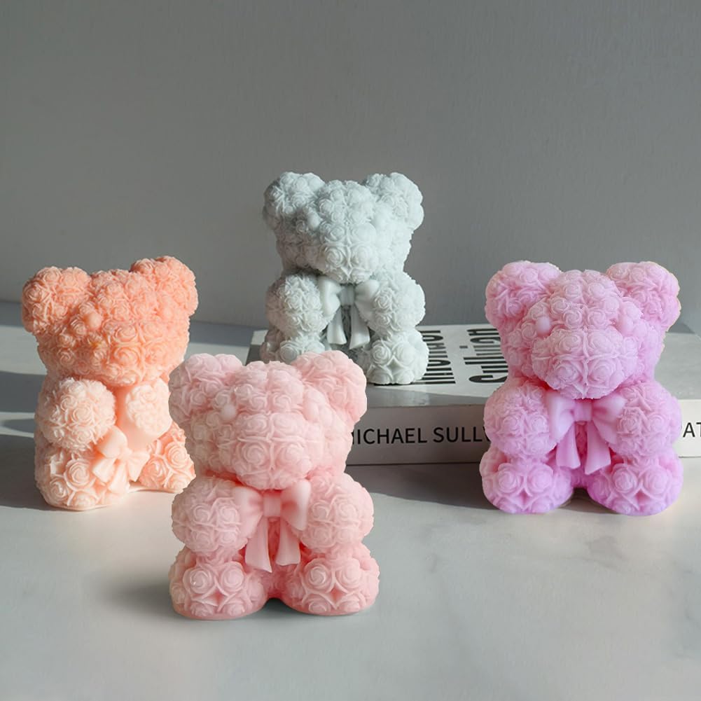 Bowtie Rose Bear Candle Mold - 3D Teddy Bear Candle Making Molds, Cute Epoxy Resin Molds for DIY Handmade Soaps,Valentine Gifts,Mother's Day Gifts,Birthday Gifts & Home Decorations(Bow Tie Bear Large)