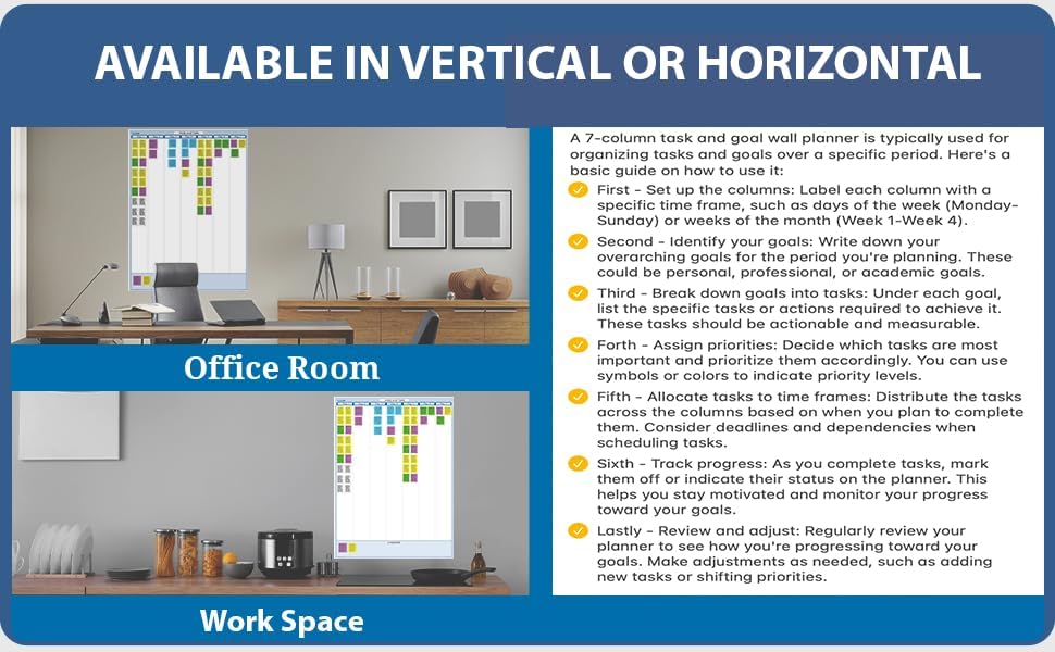 Sky Blue 7-Column Task, Goals & Objective Wall Vertical Organizer 24" x 19". Complete with Marker