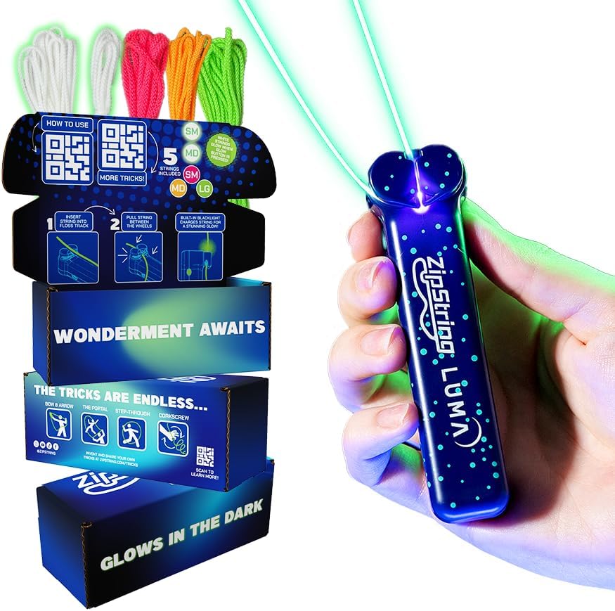 ZipString Luma - The Patented Glow-in-The-Dark Toy That Flies a Loop of String, Creates Endless Shapes and Tricks Built-in LED for Glowing Fun. Perfect STEM Gift for Kids & Adults. Wonderment Awaits