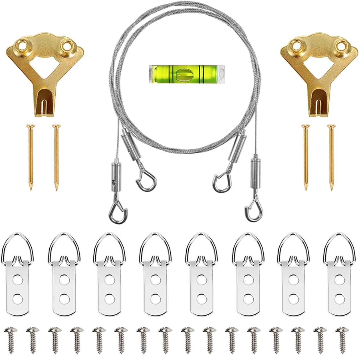 SDTC Tech Adjustable Picture Hanging Wire Kit 2m x 1.5mm Stainless Steel Wire Rope, D-Rings, Wall Mounting Hooks, Adjustable Hangers, Level & Screws for Paintings Photos Mirror Frames Hold Up to 80lbs