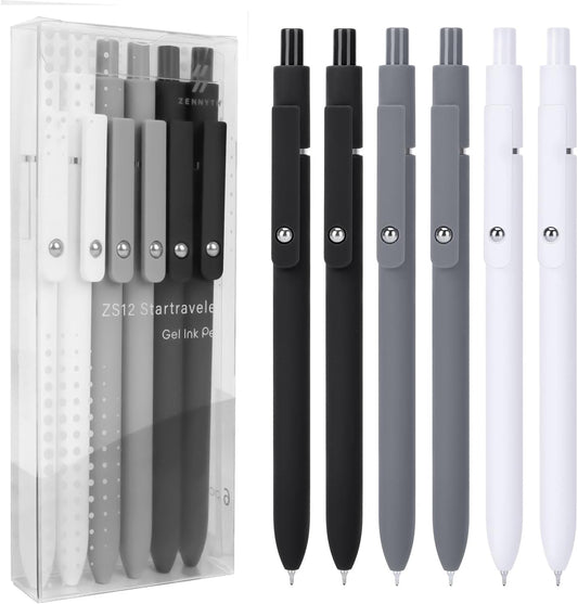 FIOVER Gel Pens, 6pcs 0.5mm Fine Point Black Ink, Smooth Writing Pens for Journaling, Nurse Aesthetic Cute Office School Supplies, Gifts for Women and Men(6Pcs Black White Grey-Black Ink)