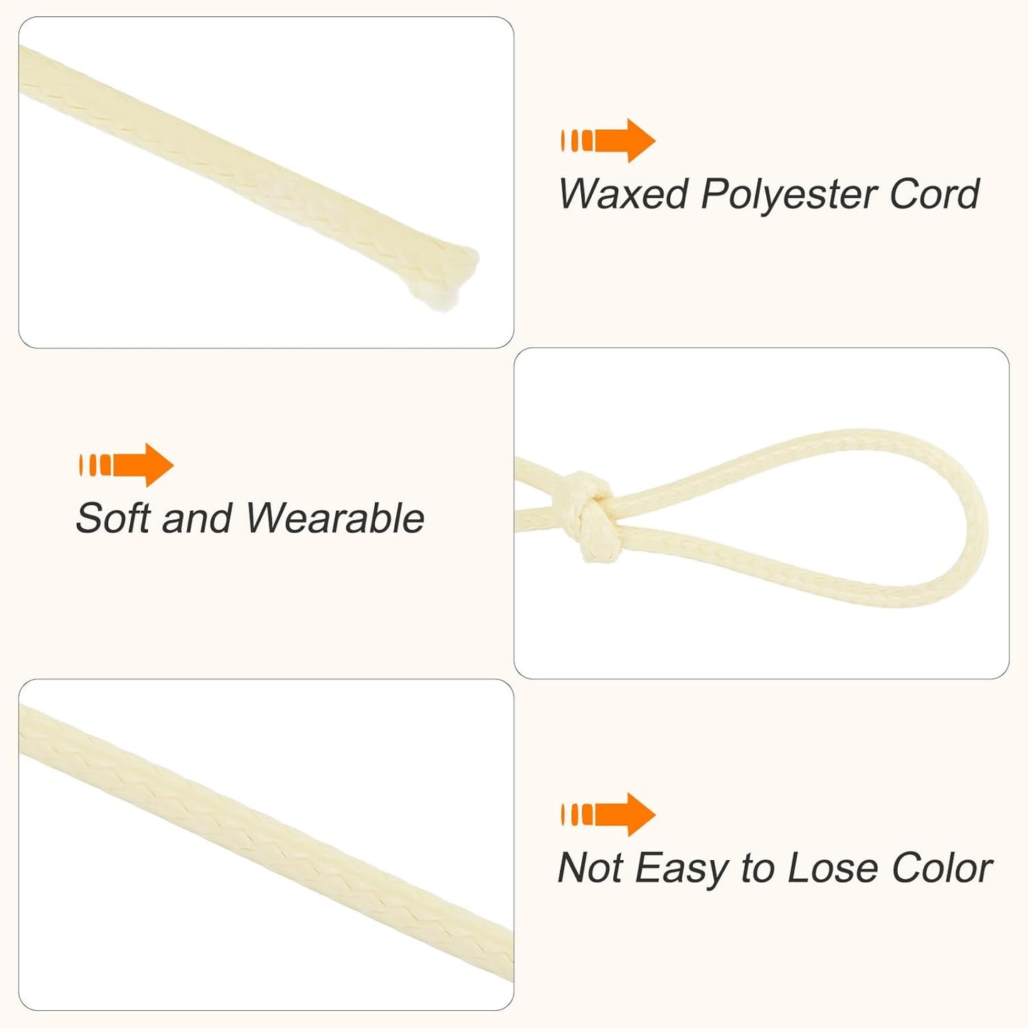 MECCANIXITY Waxed Polyester Cord 2mm 98 Yard Beige for Bracelet Making, Jewelry, DIY Crafts