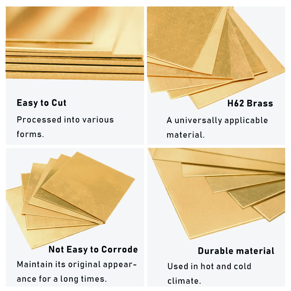 18 Gauge Brass Sheet，H62 Brass Plates Metal 0.039" Thickness x 5.9" Width x 5.9" Lenght, for Models, Crafts, Repairs, Electrical, 2Pcs