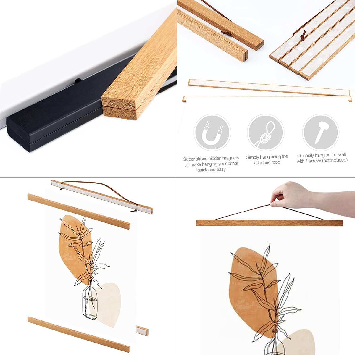 Ywlake Magnetic Poster Hanger, 10x10 10x32 10x20 Poster Frame Wood Wooden Magnet Print Posters Dowel Scroll Hanger Hangers Hanging Kit for Walls Map Canvas Artwork (Teak Wood, 10")