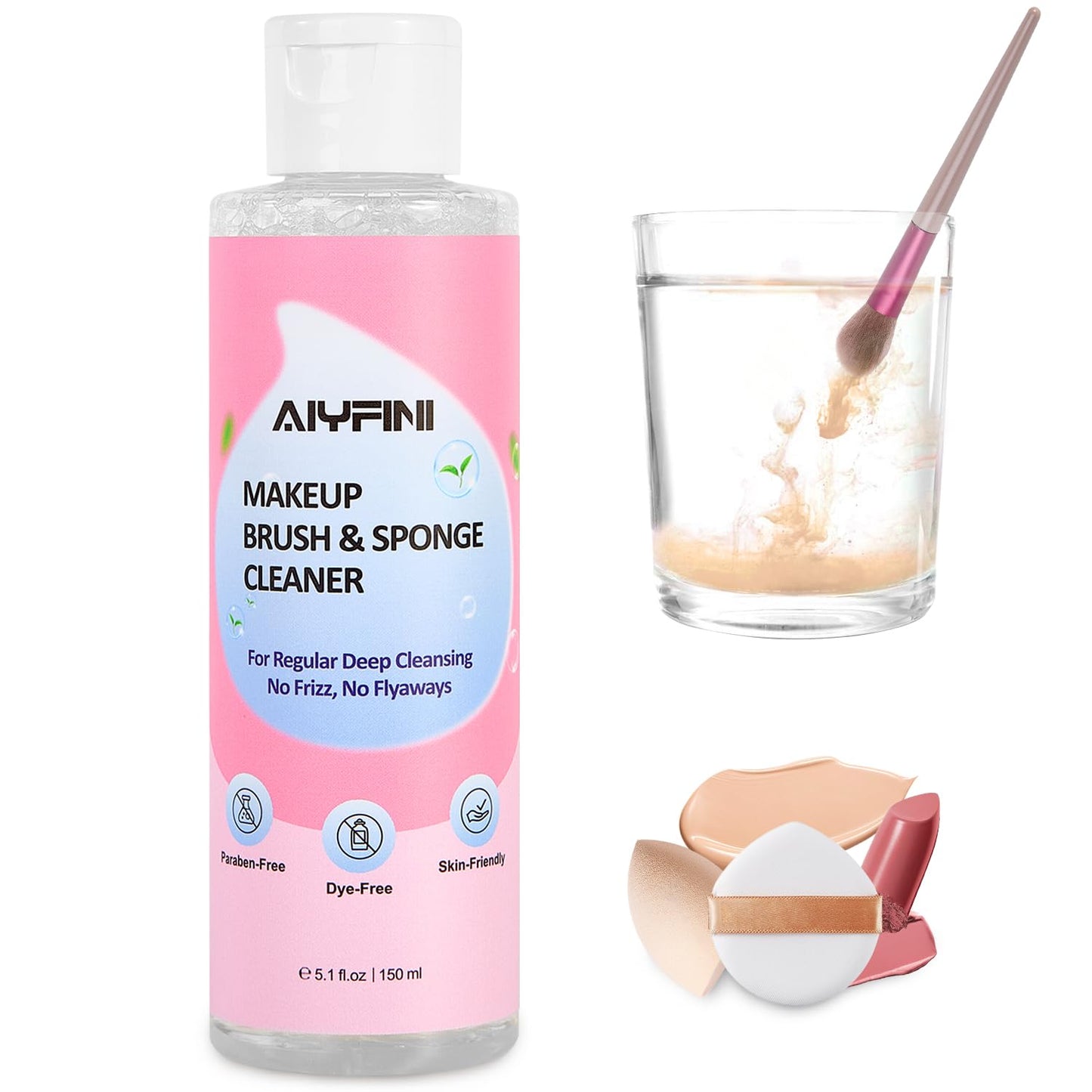 Alyfini Makeup Brush & Sponge Shampoo, Ultra Concentrated, Deep Clean Foundation/Lipstick, Professional Cleanser Solution, Efficient Dissolves Residue on Make Up Brushes/Sponges/Puff, 5.1 Fl Oz/150ml