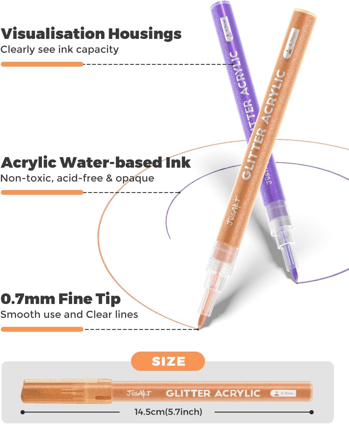 JusArt 16 Colors Glitter Markers, Glitter Paint Pens Sparkly and Shiny for DIY Card Making, Coloring, Scrapbooking, Glass, Wood, Stone, Fabric, Rock - 0.7mm Extra Fine Acrylic Paint Markers